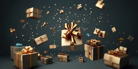 photo of an elegant gift decorated with gold confetti. generative AI