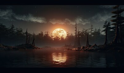 Photo of a serene lake at night with a majestic full moon rising above the trees - obrazy, fototapety, plakaty