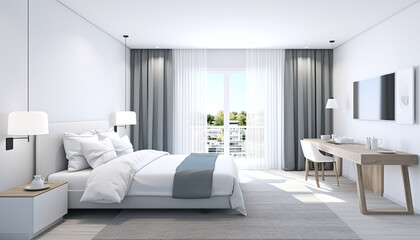 Within a beige-brown bedroom, contemporary white air purifier and dehumidifier devices accompany a gray-adorned bed, while gentle sunlight filters through tropical palm trees, casting a serene pattern