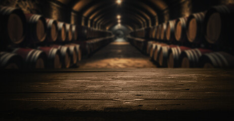 empty dark wooden tabletop for product display on blurred winery wine barrels cellar background - obrazy, fototapety, plakaty