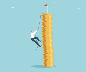 Increasing income and wages, financial growth, improving the economy, profitability of the investment portfolio, promoting business to a new level, man climbs a rope to the top of a stack of coins.