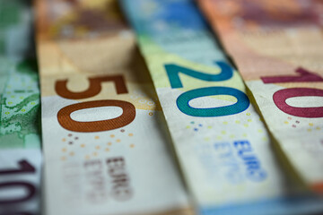 Euro bills close up. Close up shot of 50 and 20 euro bank notes. High quality photo - obrazy, fototapety, plakaty
