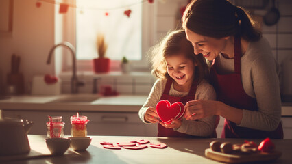 バレンタインに母親とお菓子作りをする子ども - obrazy, fototapety, plakaty