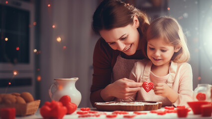 バレンタインに母親とお菓子作りをする子ども
