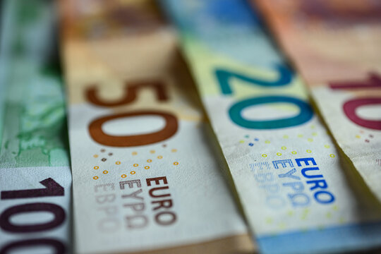 Euro bills close up. Close up shot of 50 and 20 euro bank notes. High quality photo