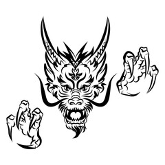 Dragon head with claws. Symbol of New 2024 year. Traditional Chinese Dragon for tattoo design, symbol of New 2024 year