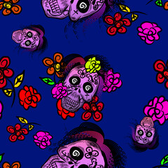 pattern background with mexican skull with colorful flowers