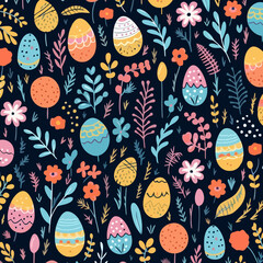 Easter egg hunts in the garden quirky doodle pattern, background, cartoon, vector, whimsical Illustration