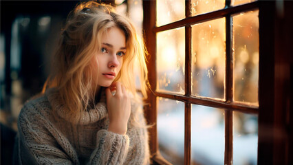 A charming girl dressed in a warm knitted sweater looks out the window covered with frosty patterns. Merry Christmas. New Year.