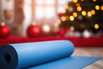 Close up of blue yoga mat at home decorated for Christmas, New Year. Healthy lifestyle, weight loss, New Year's resolution
