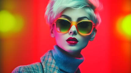 A High-Fashion Model wearing sunglasses with Vibrant Light Effects