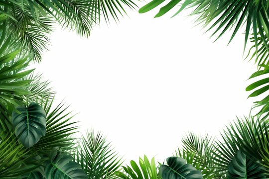 A copyspace with a frame of lush green tropical leaves set against a clean white background. Created with generative AI tools
