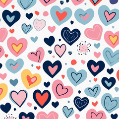 Heart shapes quirky doodle pattern, background, cartoon, vector, whimsical Illustration