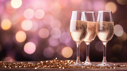 Pink rose champagne glasses close up, bokeh lights background. New year, Valentines day celebration toast festive rose gold blur pink champagne sparkle glitter web banner - obrazy, fototapety, plakaty
