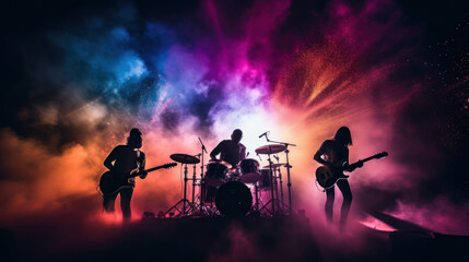 Rock band concert in cloud colorful dust. Music event, Rock band performs on stage colorful dust background. Guitarist, bass guitar and drums on stage. - obrazy, fototapety, plakaty