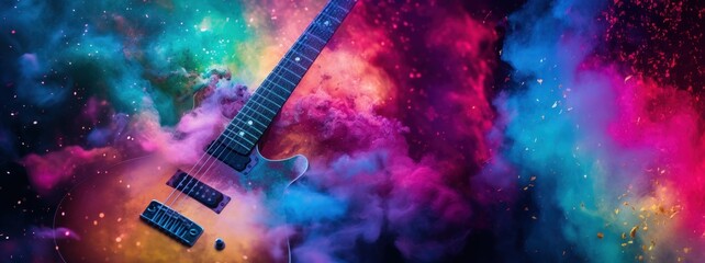 Guitar in cloud colorful dust. World music day banner with musician and musical instrument on abstract colorful dust background. Music event, Expression, symphony, colorful design - obrazy, fototapety, plakaty