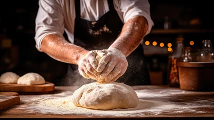Foto op Plexiglas The chef kneads the dough. Making dough with your hands in a bakery. Generative AI © keks20034