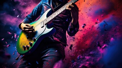 Guitarist playing guitar in cloud colorful dust. World music day banner with musician and musical instrument on abstract colorful dust background. Music event, Expression, symphony, colorful design - obrazy, fototapety, plakaty