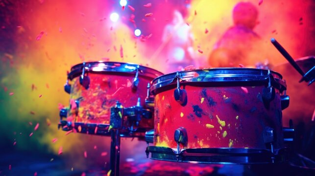 Close up drums in cloud colorful dust. World music day banner with musician and musical instrument on abstract colorful dust background. Music event, Expression, symphony, colorful design