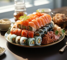 Sunlit sushi assortment on a golden plate