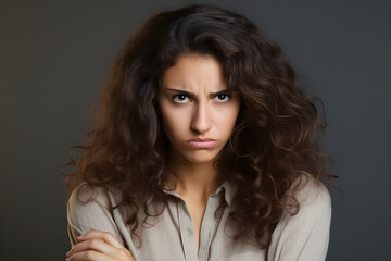 A woman intensely concentrating, with furrowed brows, Determination and Focus