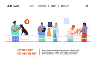 Landing page template Vet clinic Dental checkup Dog. Banner Dental Care, X-ray, brush teeth treatment Pet. Flat vector illustration