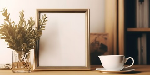empty photo frame frame leaf decoration on side. generative AI