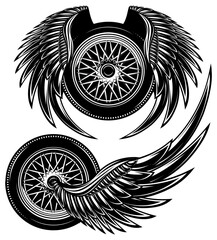 Set of two templates with wheels and fenders. Vector monochrome illustration. Place for text placement