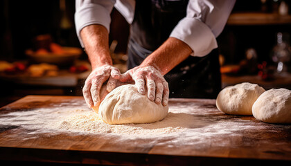 The chef kneads the dough. Making dough with your hands in a bakery. Generative AI