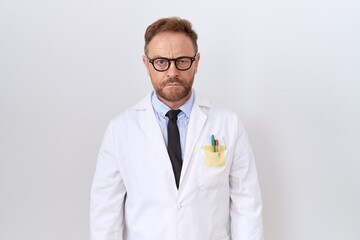 Middle age doctor man with beard wearing white coat skeptic and nervous, frowning upset because of problem. negative person.