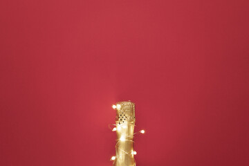 Champagne bottle with garlands on color background