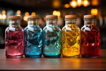 Glass bottles with colored crystals and wooden caps