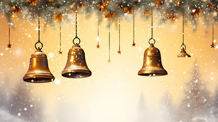 Winter's Glimmer: Golden Bell Hangs with Bokeh Sparkles in the Snow olden Bell Hanging against a Winter Bokeh Background generative ai