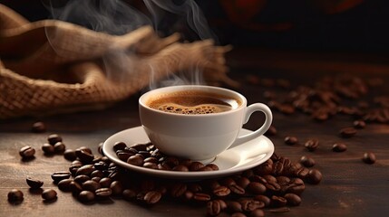 steaming coffee in the cup advertising concept