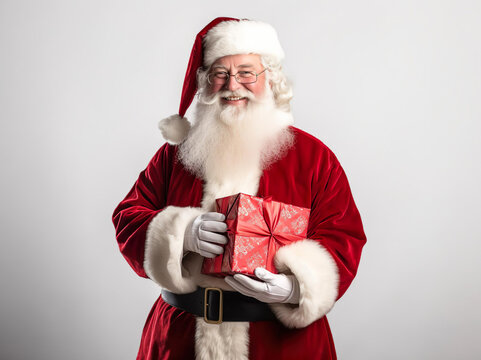 Generative AI image of Happy Santa Claus with bushy white beard in classic Santa suit and Santa hat on white background