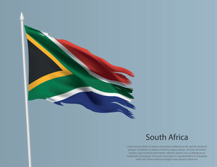 Ragged national flag of South Africa. Wavy torn fabric on blue background