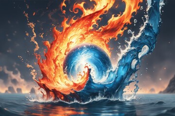 abstract background of the sea and a wave abstract background of the sea and a wavefire flames on the background