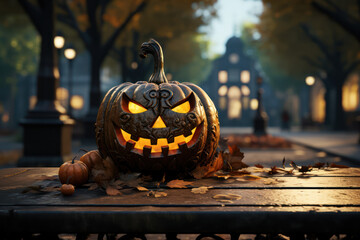 Kind Halloween Pumpkin in the park. Generative Ai.