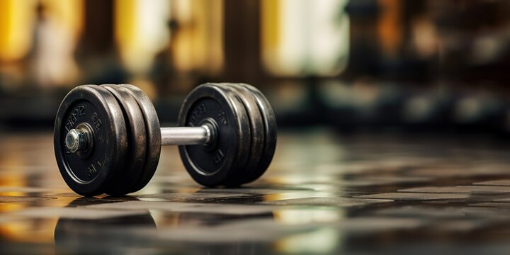 Dumbbells in the photo on the floor in a gym. generative AI