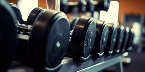 Fototapeta premium Various sizes of dumbbells on a rack in a gym. generative AI