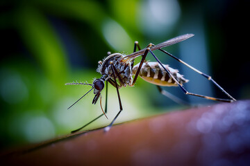 Macro, a mosquito sits on the grass. Very beautiful background.  Detailed photo.