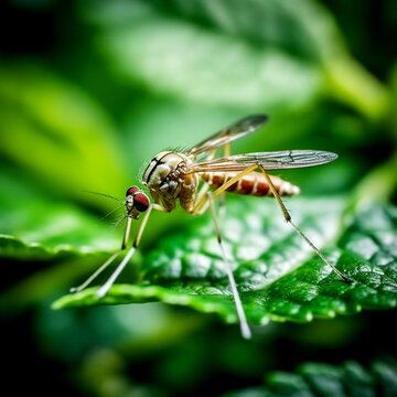 Macro, a mosquito sits on the grass. Very beautiful background.  Detailed photo.