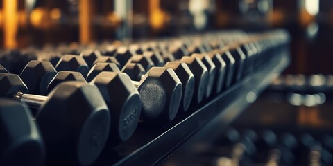 Various sizes of dumbbells on a rack in a gym. generative AI - obrazy, fototapety, plakaty