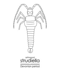 Strudiella, a Devonian period arthropod, but possible an insect, black and white line art illustration. Ideal for both coloring and educational purposes
