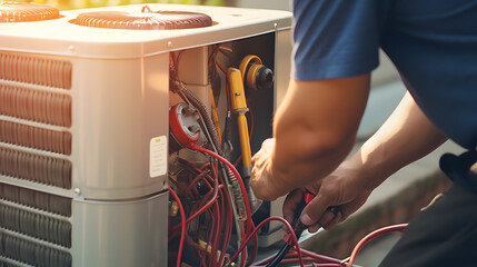 Un technicien en intervention en train de réparer la pompe à chaleur d'une maison.   - obrazy, fototapety, plakaty