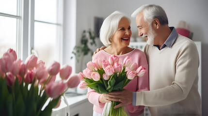 Un homme qui offre un bouquet de fleurs pour l'anniversaire de sa femme.  - obrazy, fototapety, plakaty