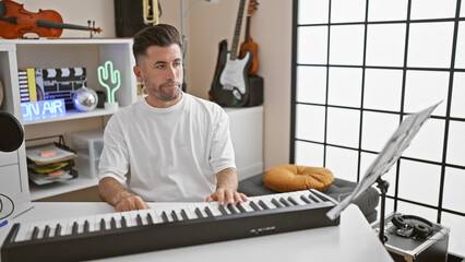 Handsome young hispanic man, a talented musician, fully engrossed in his music, fingers dancing over the piano keys, passionately playing a melody while looking at music sheets in a music studio