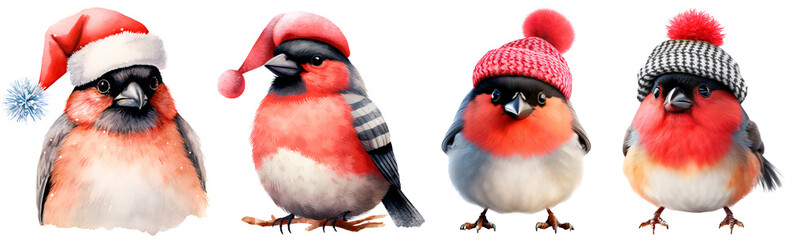 Set of drawn Christmas bullfinches. Red birds in Christmas hats. Isolated on a transparent background. - obrazy, fototapety, plakaty