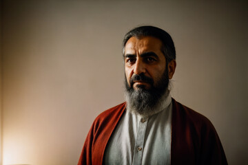 Fototapeta premium Portrait of the of the old age, bearded Iranian man wearing traditional clothing. Concept of active age