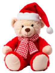 Christmas teddy bear.Cute brown teddy bear in Santa Claus costume. Isolated on a transparent background.